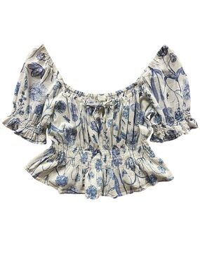 H&M Cream and Blue Floral Puff-Sleeve Smocked Peasant Top